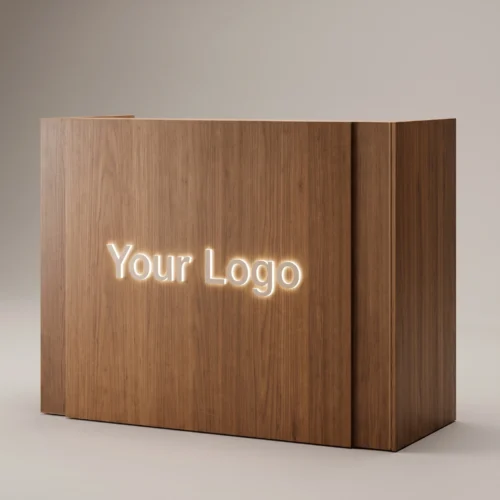 Ceviz Ahşap Dokulu Dikdörtgen Danışma Standı — LED Logo Panelli Kompakt Banko Ceviz Ahşap Dokulu Dikdörtgen Danışma Standı — LED Logo Panelli Kompakt Banko