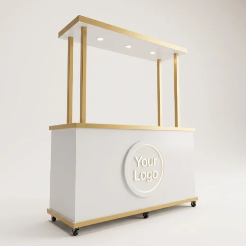 Altın Detaylı Beyaz Kanopili Mobil Satış Arabası — Tekerlekli LED Işıklı Kiosk Altın Detaylı Beyaz Kanopili Mobil Satış Arabası — Tekerlekli LED Işıklı Kiosk