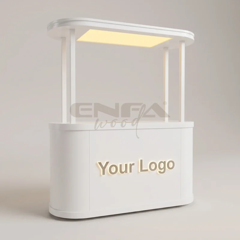 Beyaz Oval Kemer Tavanlı LED Logolu Satış Standı - ENF-141 Beyaz Oval Kemer Tavanlı LED Logolu Satış Standı