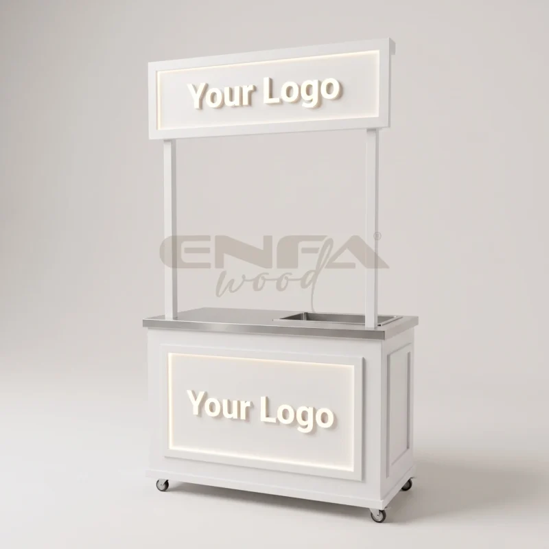 Yükseltilmiş Tabelalı Beyaz Bar Standı - ENF-018 Yükseltilmiş Tabelalı Beyaz Bar Standı
