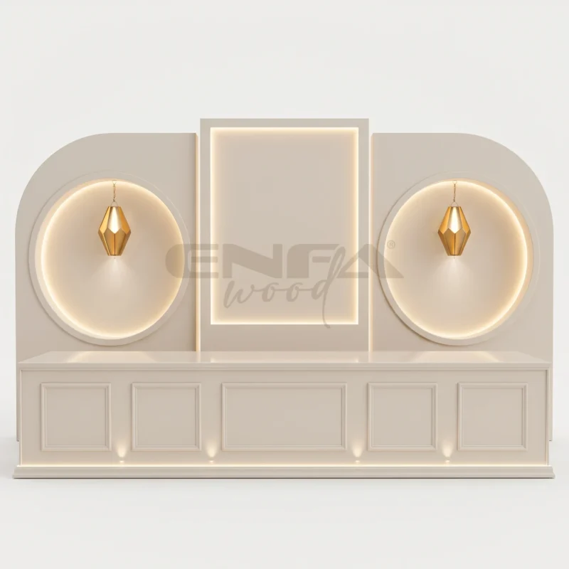 Gold Sarkıtlı Aydınlatmalı Tanıtım Duvarı Bankosu - ENF-260 Gold Sarkıtlı Aydınlatmalı Tanıtım Duvarı Bankosu