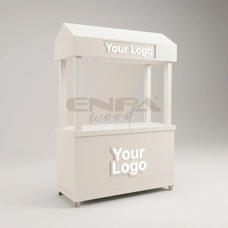 Beyaz Beşik Çatılı Kanopili Satış Standı – ENF-304 Beyaz Beşik Çatılı Kanopili Satış Standı