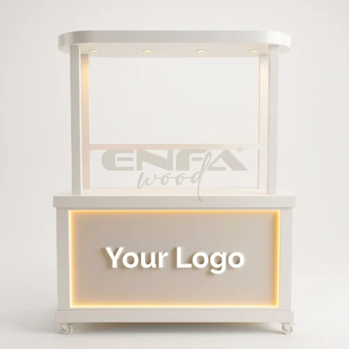 Beyaz Oval Kanopili Arka Raflı Satış Standı – ENF-311 Beyaz Oval Kanopili Arka Raflı Satış Standı