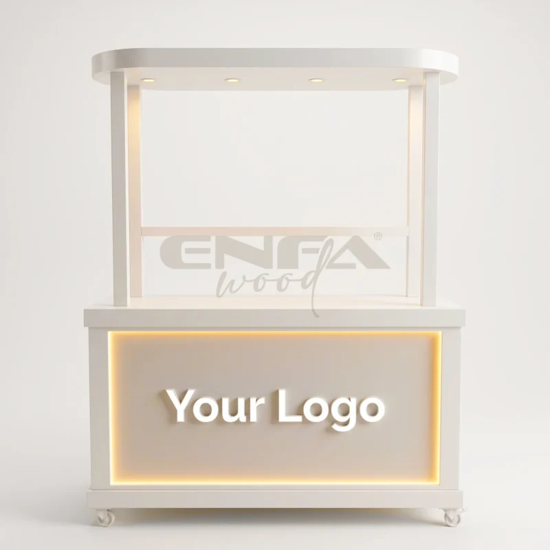 Beyaz Oval Kanopili Arka Raflı Satış Standı – ENF-311 Beyaz Oval Kanopili Arka Raflı Satış Standı