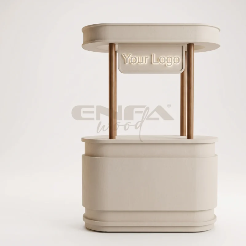 Krem Oval Ceviz Kolonlu Minimal Danışma Standı – ENF-323 Krem Oval Ceviz Kolonlu Minimal Danışma Standı