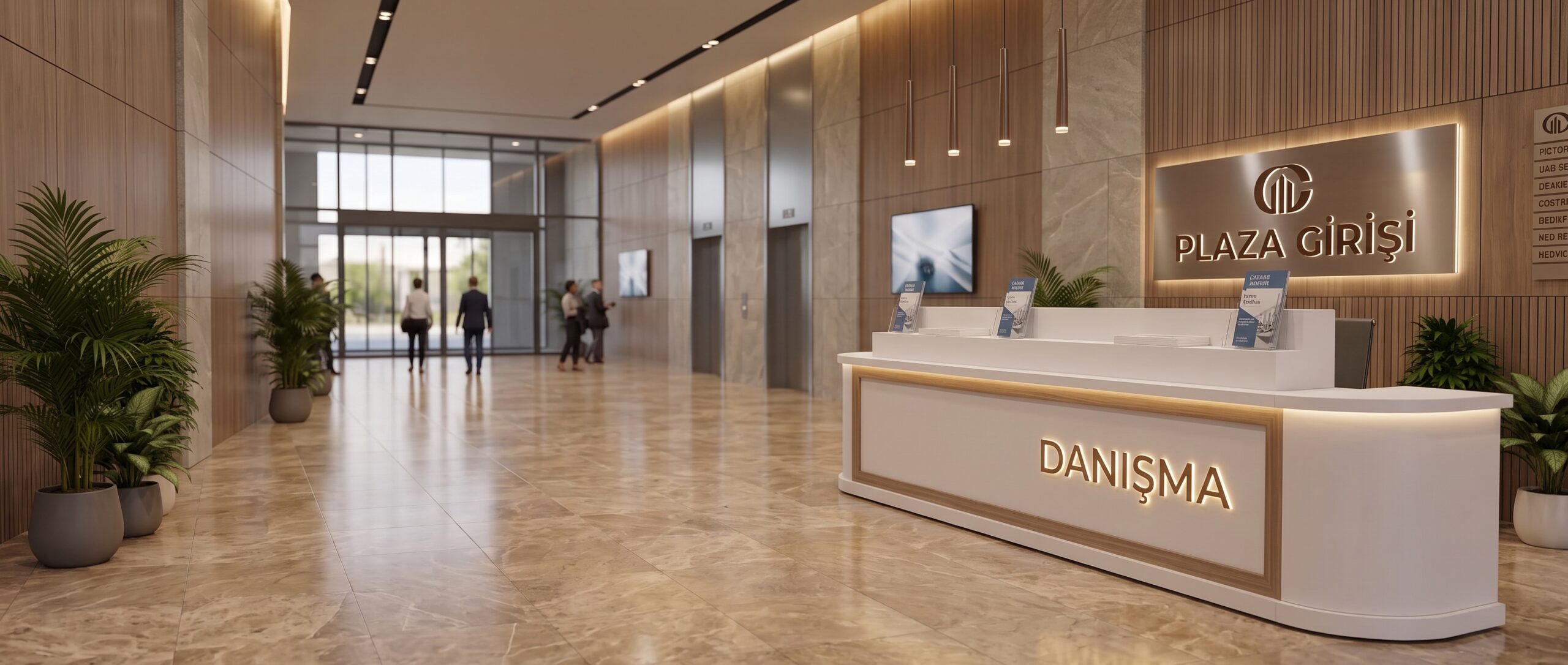 Enfawood resepsiyon bankosu ile kurumsal plaza girişi